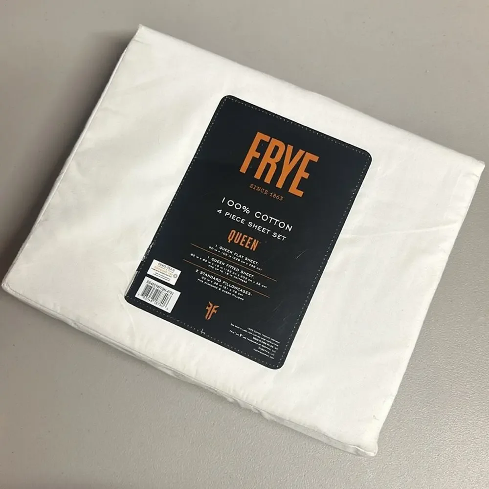 Frye Queen Sheet 4 Pc Set Flat Fitted Pillowcase White 100% Cotton Brand New